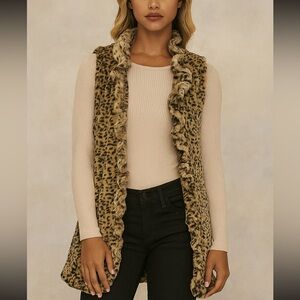 Leopard Print | Long Faux Fur Vest | By Cover Charge Small Ruffle Trim